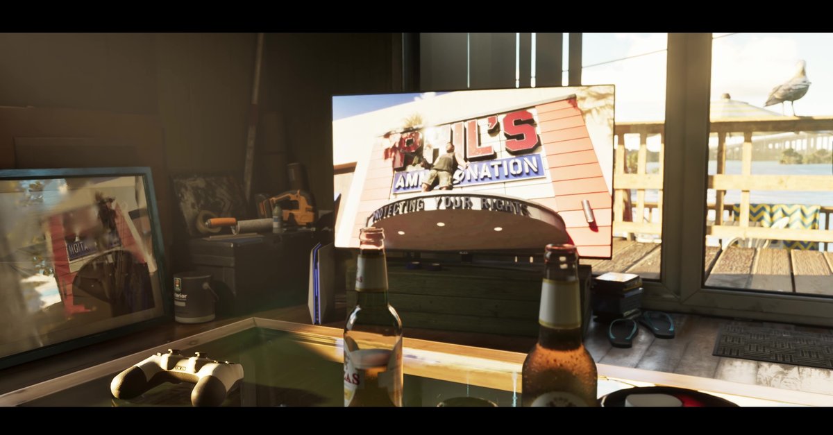 A screenshot from the second GTA 6 trailer depicting a TV in an apartment. The TV is playing an ad for a store called Phil’s Ammu-Nation. A man in the ad is standing on the roof of the store and shooting a rifle into the air