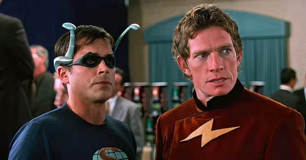 Rob Lowe (with silly bug ears) and Thomas Haden Church wear silly superhero outfits in The Specials