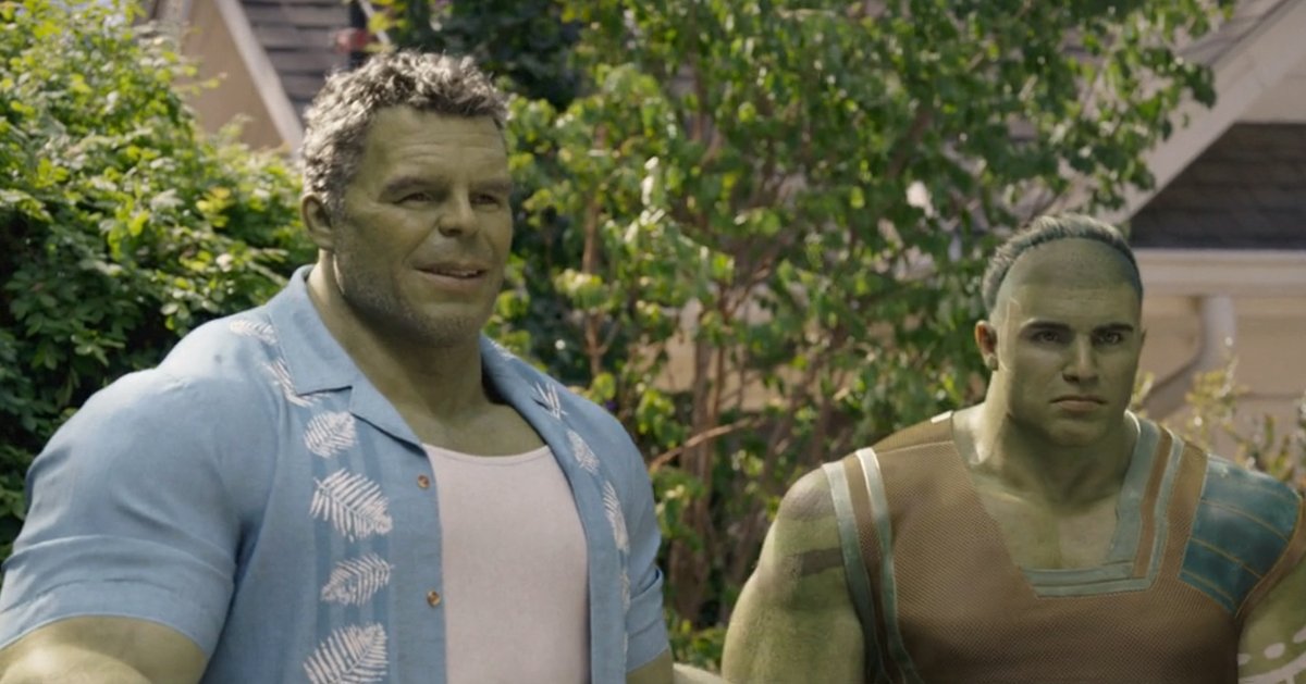 Hulk and Skaar stand next to each other in Jennifer Walter’s backyard in a shot from She-Hulk: Attorney at Law