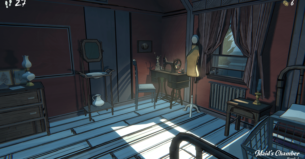 A Blue Prince screenshot showing a bedroom with sun streaming in through a window by a tailor’s dummy and sewing machine