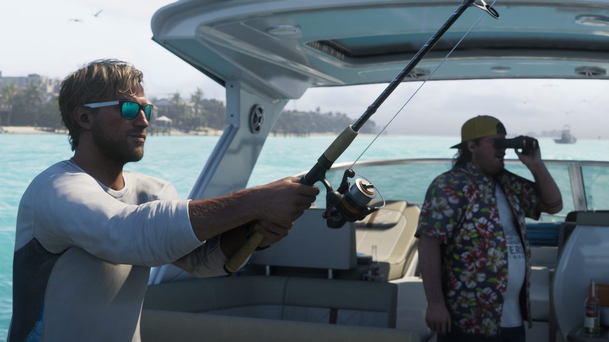 Two GTA 6 characters fish on a bluebird day