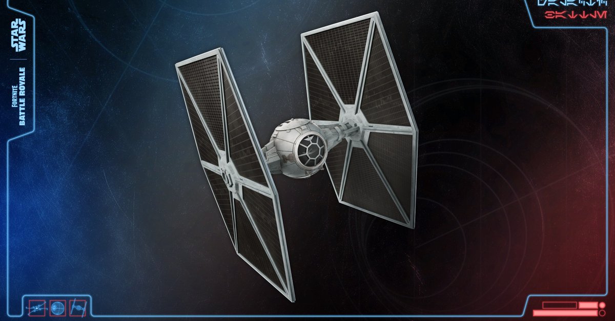 Tie Fighter flies against a Fortnite background