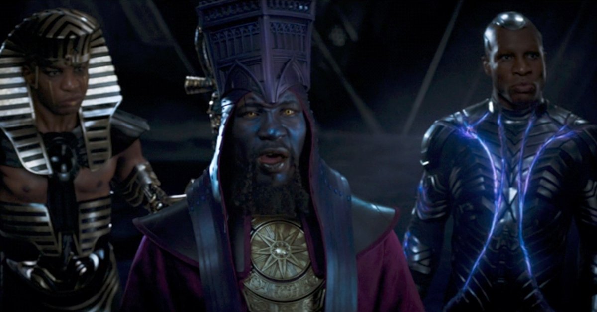 Rama Tut, Immortus, and Iron Lad (all played by Jonathan Majors) stand next to each other in the final scene from Ant-Man and the Wasp: Quantumania